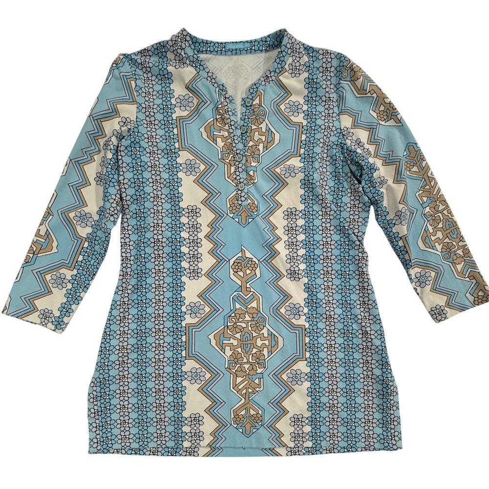 J.McLaughlin Catalina Blue Print Bicayne Tunic Top 3/4 Sleeve Medium W467